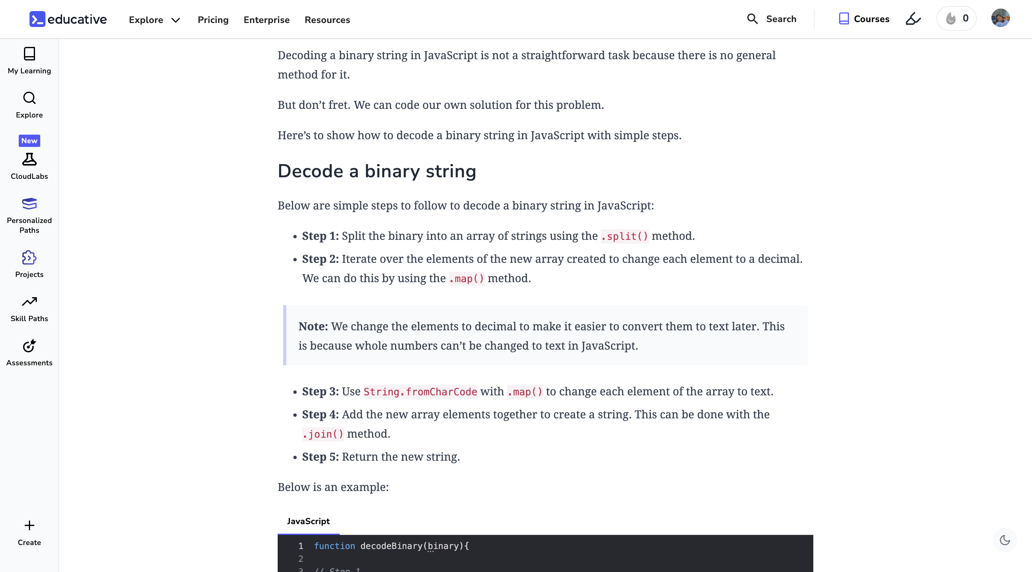 How to decode a binary string in JavaScript