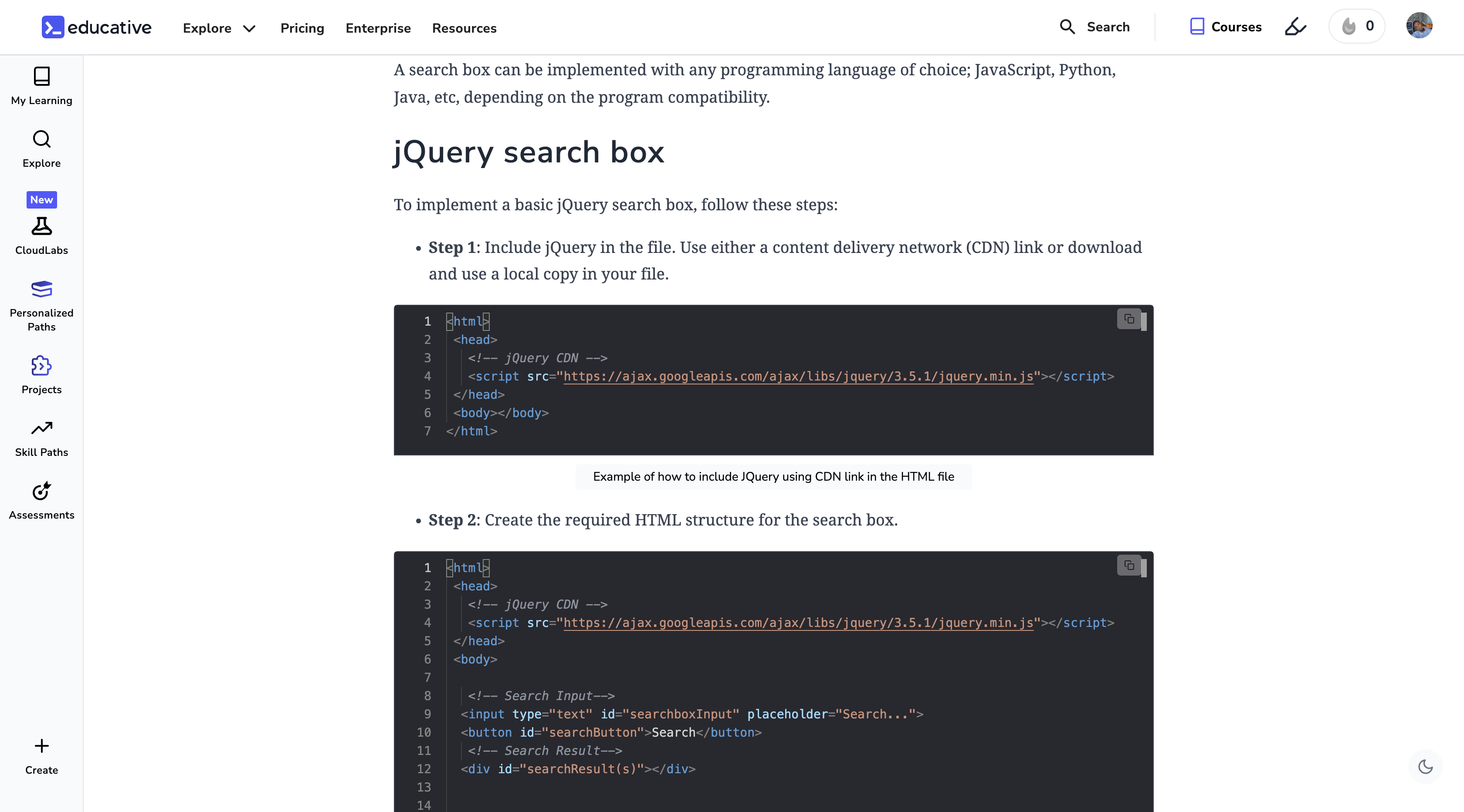 How to implement a jQuery search box